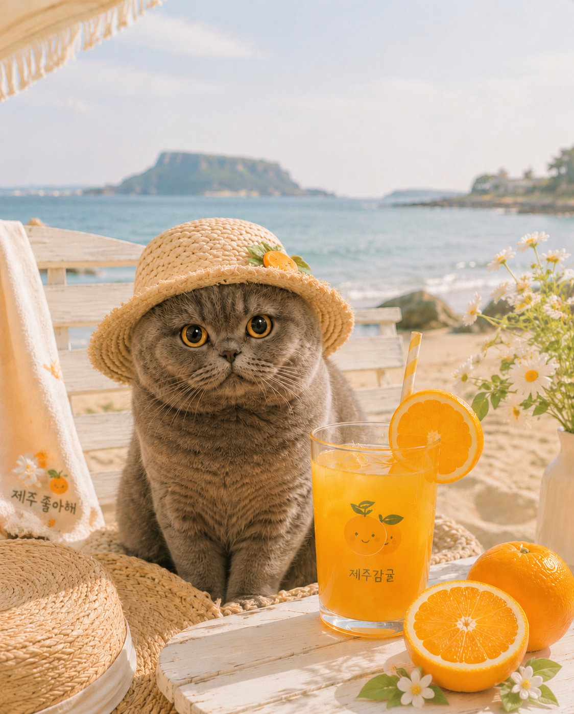 小团子在济州岛海边喝橘子汁